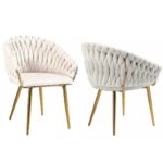SERENITà Ivory Modern Velvet Dining Chairs, Upholstered Living Room Chair with Woven Back and Golden Metal Legs, Mid-Century Accent Set of 2(Ivory)