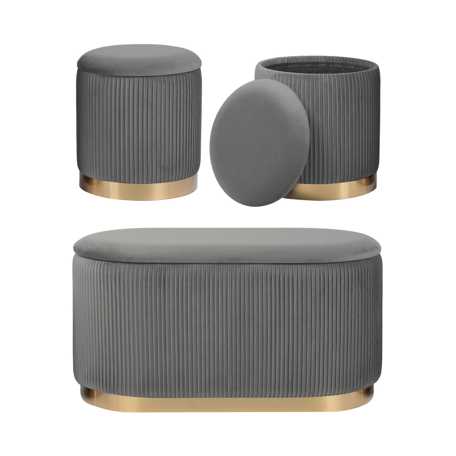3 Piece Set Storage Ottoman – Blanket Box Velvet Padded Bench Stool FAYE GREY