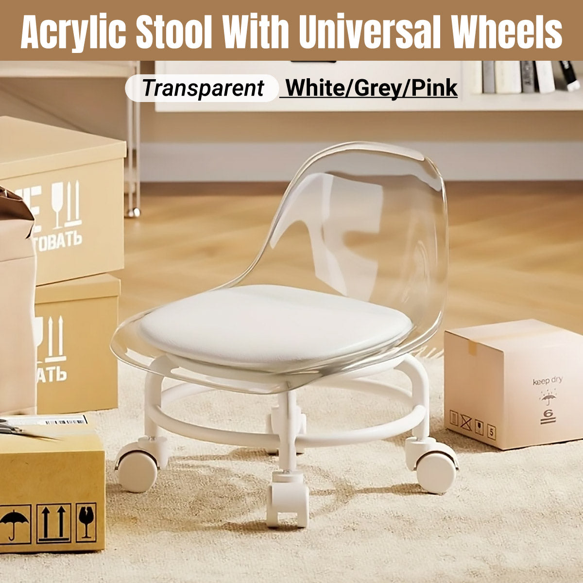 Stool with Universal Wheels Pulley Short Stool with Backrest Comfortable Seat – Grey