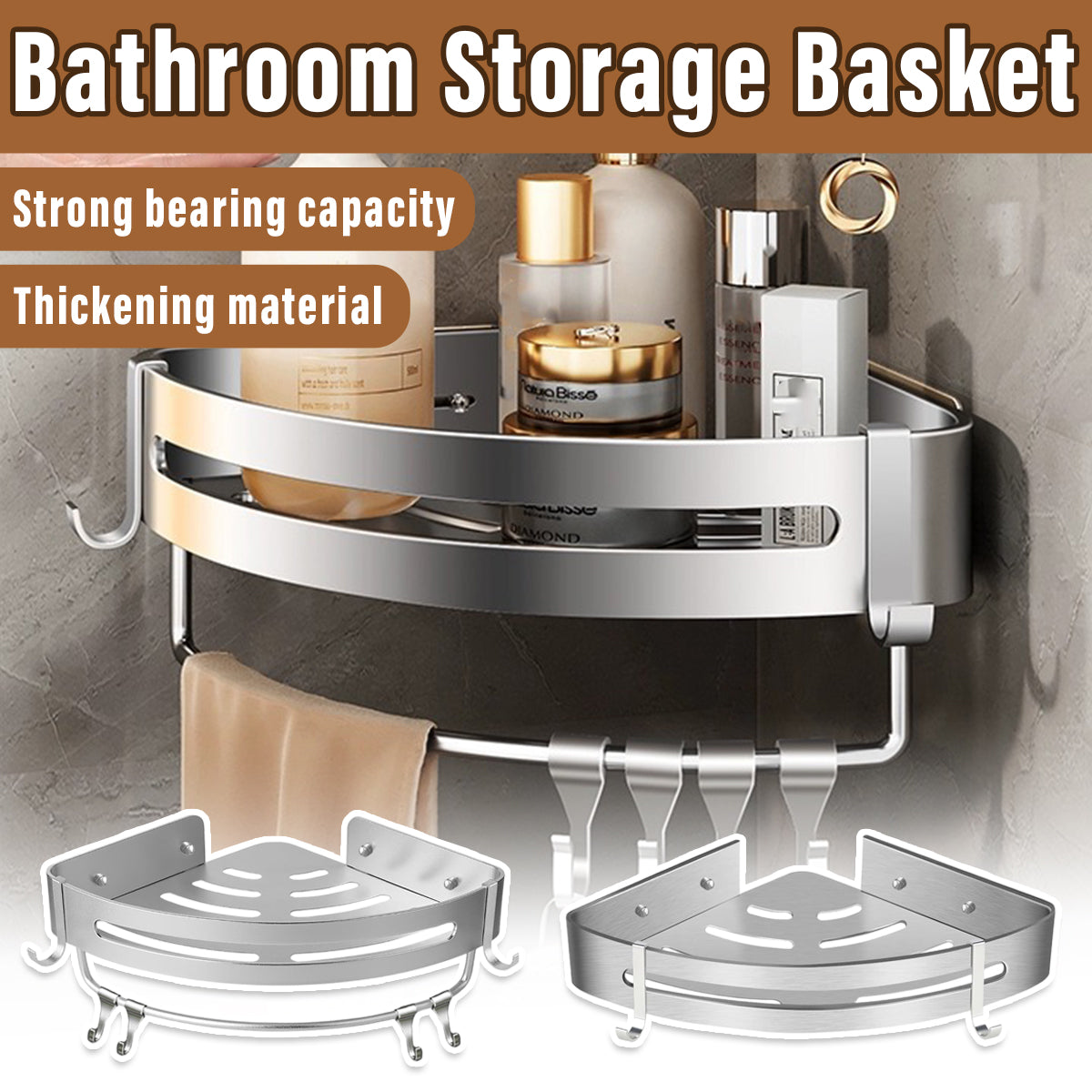 Wall Mounted Bathroom Shelf Triangle Corner Shower Storage Rack for Toiletries – Single layer with rod