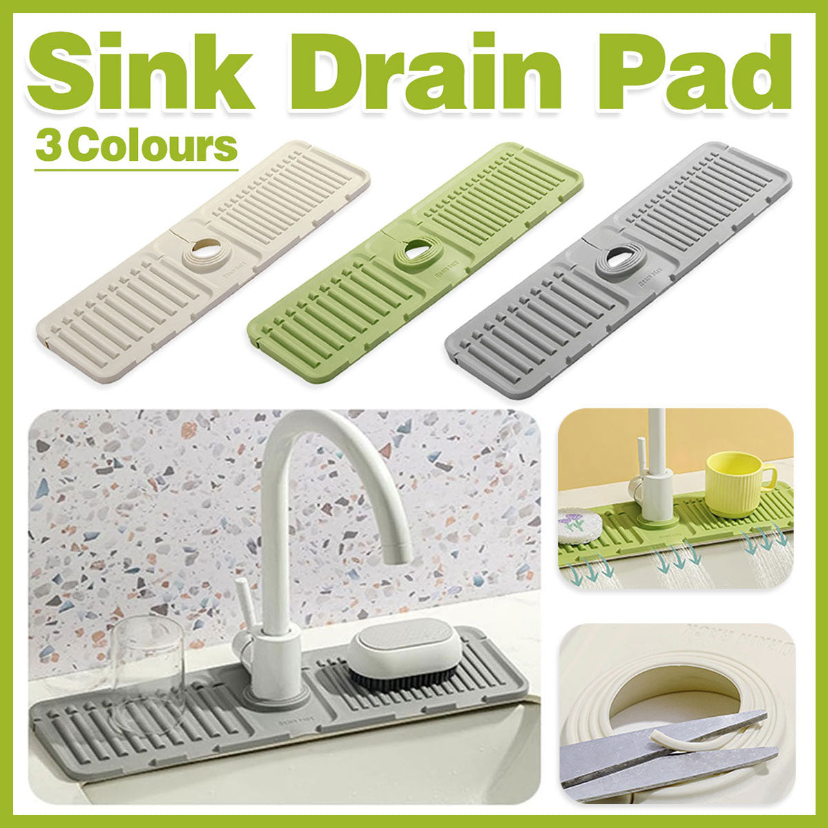 Faucet Draining Pad Narrow Sink Splash Guard Mat for Washbasin Water Catcher – Green