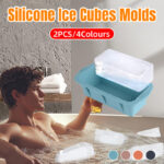 2pcs Large Capacity Ice Cube Tray Mold Rectangle Silicone Ice Grid Maker Kitchen - Blue