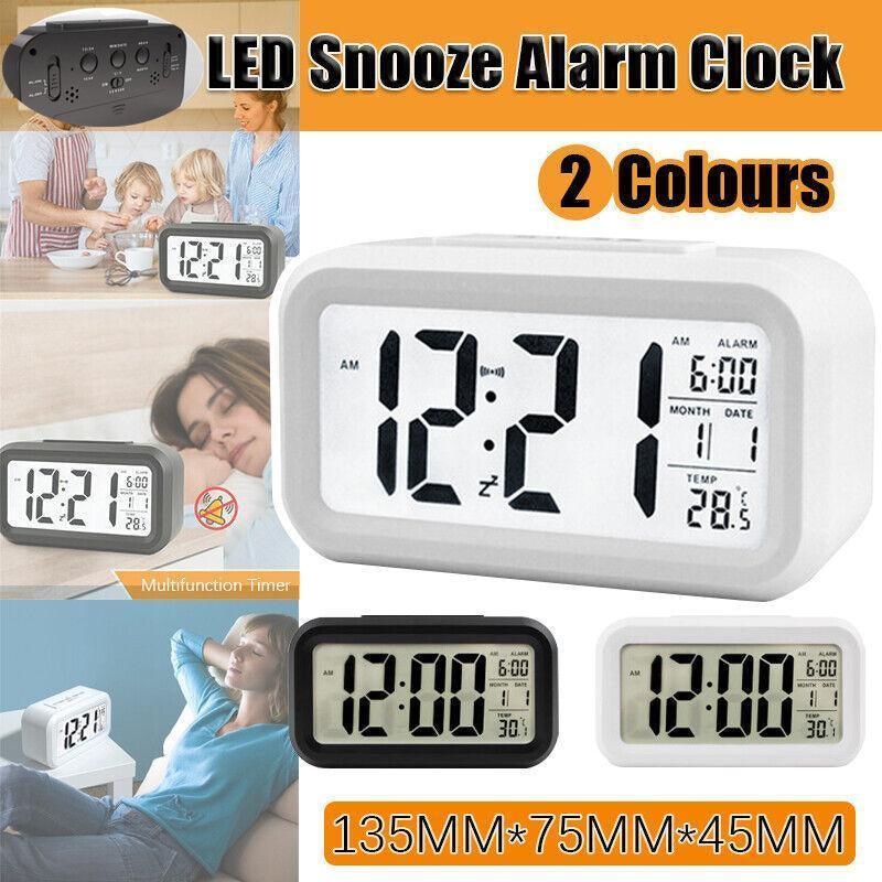 Digital Bedside Led Snooze Alarm Clock Time Temperature Day/Night Desktop Clock – White