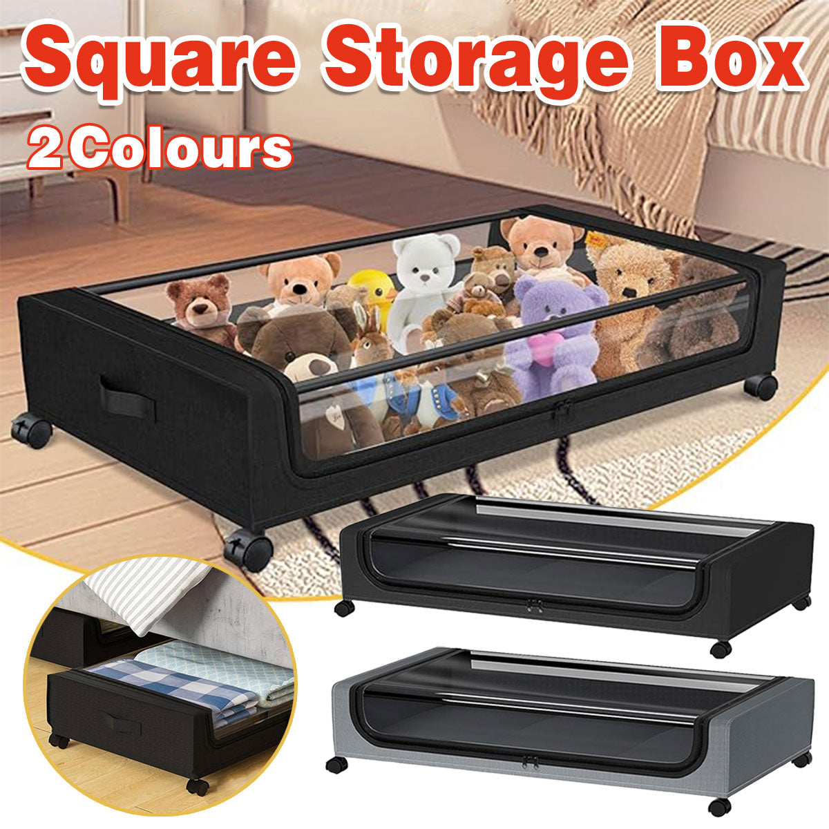 Under Bed Storage Rack Square Design with Wheels Rolling Trolley Box for Home – Black