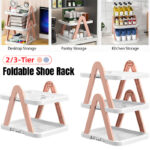 2/3 Tier Removable Shoe Rack Folding Storage Shelf Simple Space Saving Organizer - 3Tier-Pink