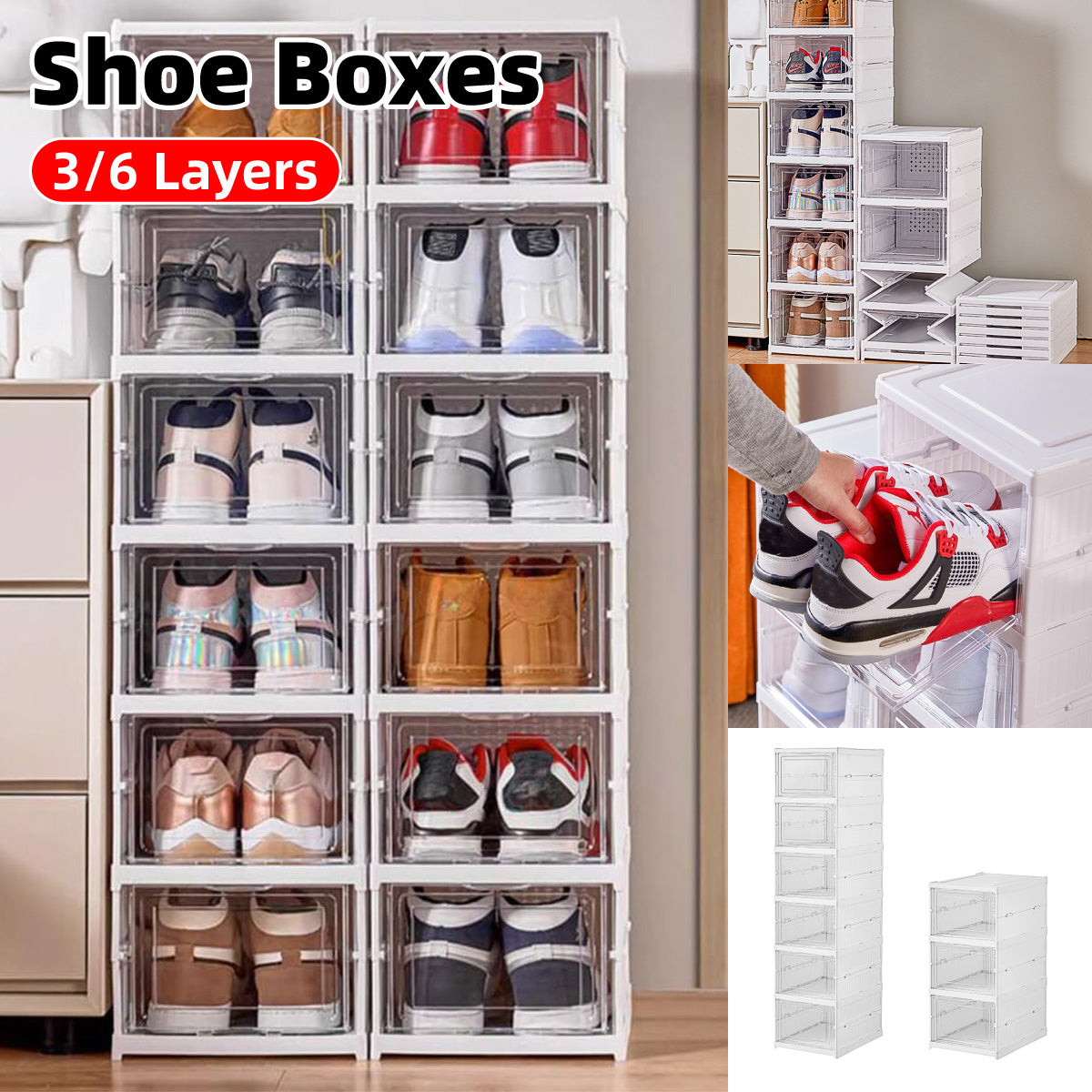 Easy Assemble Shoe Box Foldable Rack 3/6 Layers Storage Transparent Drawers – 3-Tier