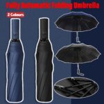 Automatic Folding Umbrella 12-Rib Large Windproof Sunshade for Men and Women - Black