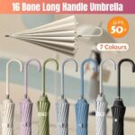 Large 16 Bone Automatic Umbrella Unisex Long Handle Dual Use Rain Sun Umbrella - White
