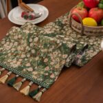 Floral Table Runner with Tassels - Jacquard Green Farmhouse Style (33x180cm)