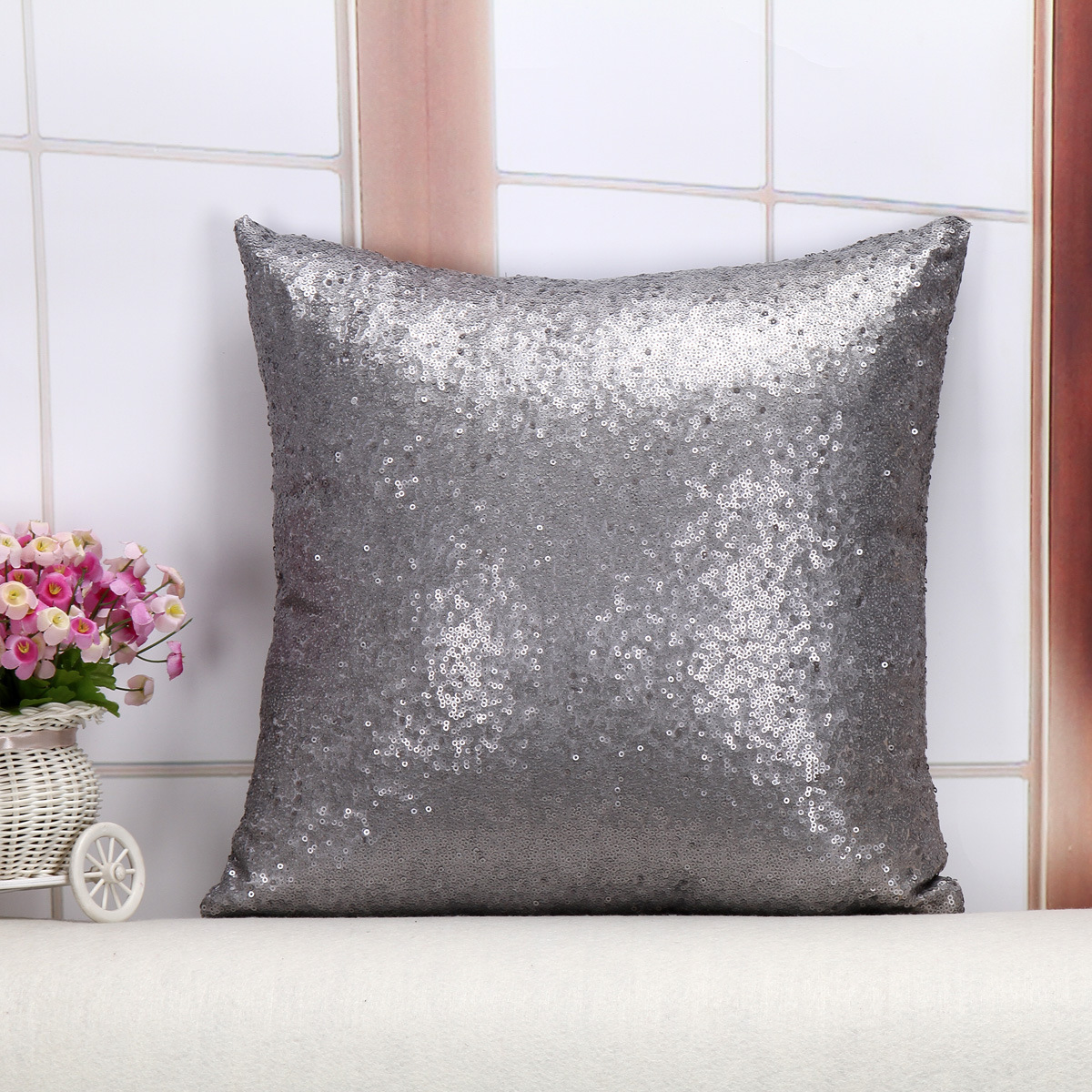 Shiny Sequin Pillowcase – Single-sided gorgeous pillowcase (Gray pair: 40x40cm)