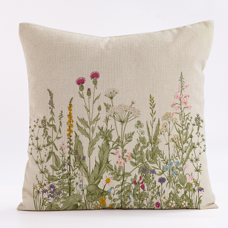 Style 1 Wildflower Linen Pillow Cover – Botanical Print Cushion Case (One pair:45x45cm)