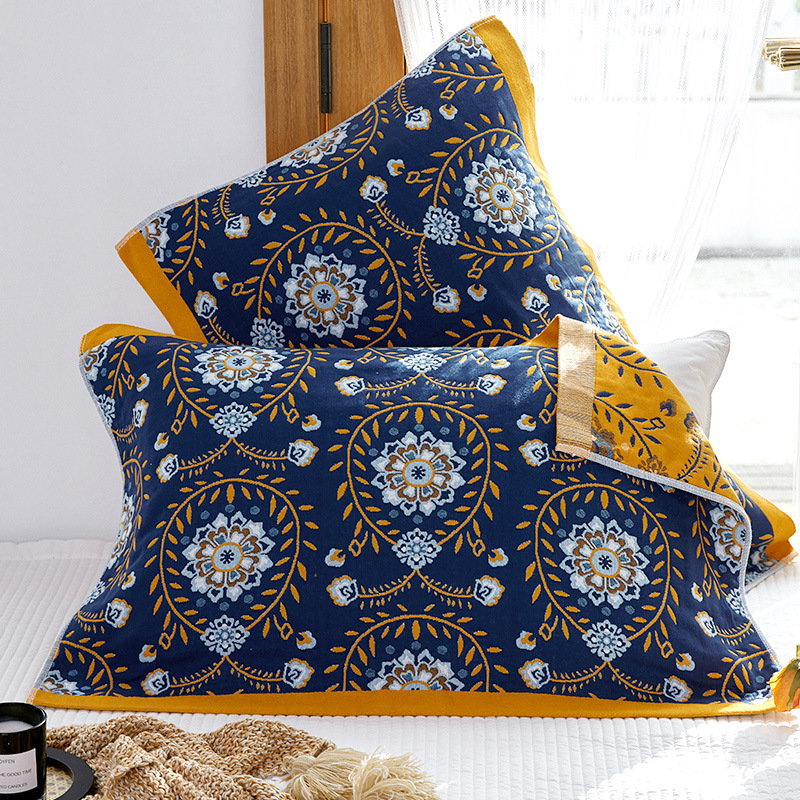 Single Blue Flower Butterfly Pillow Towel Premium Cotton Gauze Pillow Towel Pair – Simple Nordic Style (52x75cm)