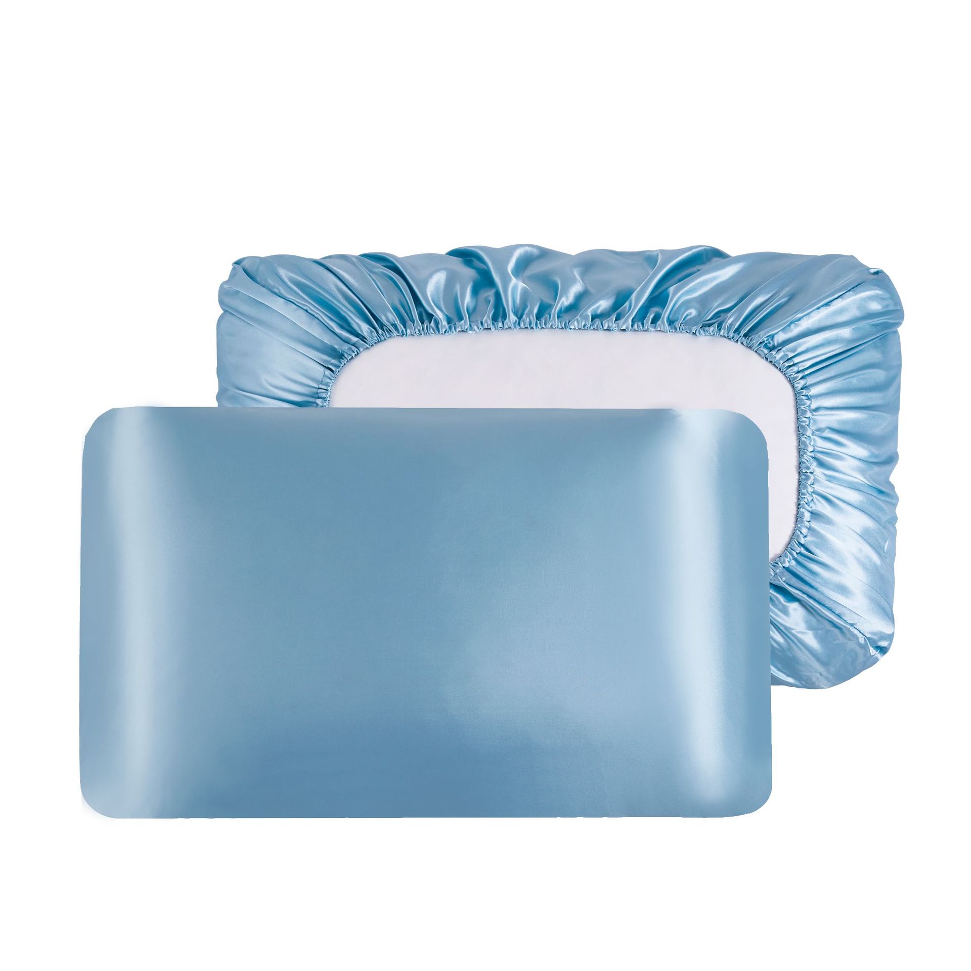 Sky Blue Silky Satin Pillowcase Pair – Smooth for Hair & Skin, Elastic Fitted (46×70+16cm)