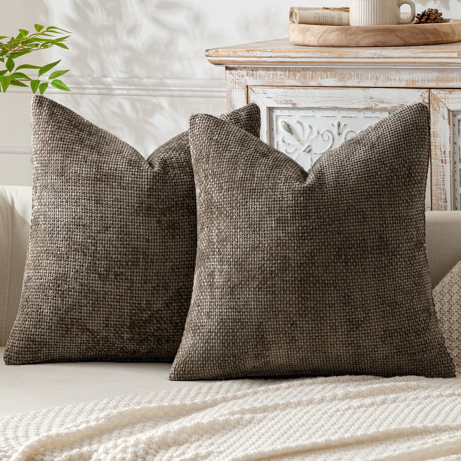 Brown Plush Chenille Cushion Covers Set of 2 – Soft Textured Decorative Throw Pillow Cases for Sofa Couch, 45x45cm