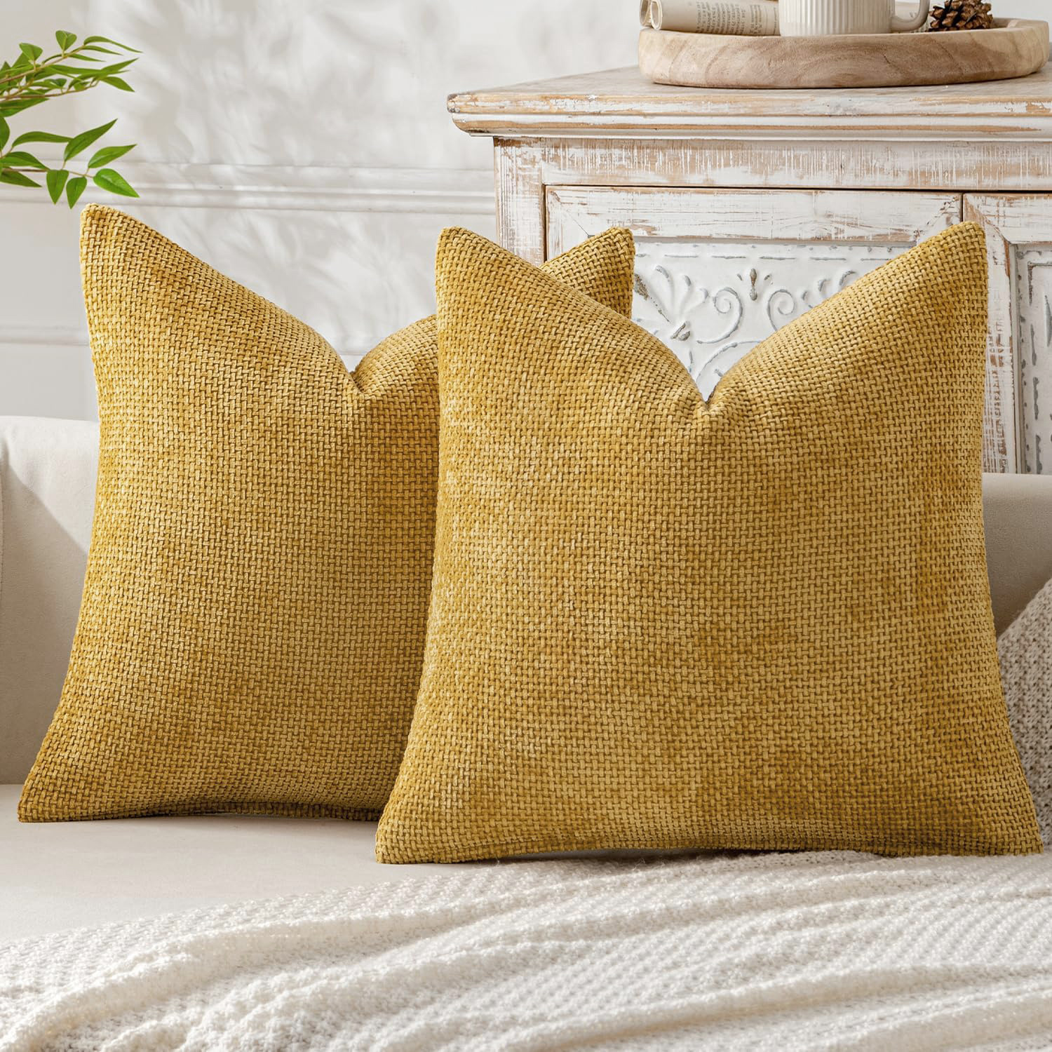 Yellow Plush Chenille Cushion Covers Set of 2 – Soft Textured Decorative Throw Pillow Cases for Sofa Couch, 45x45cm