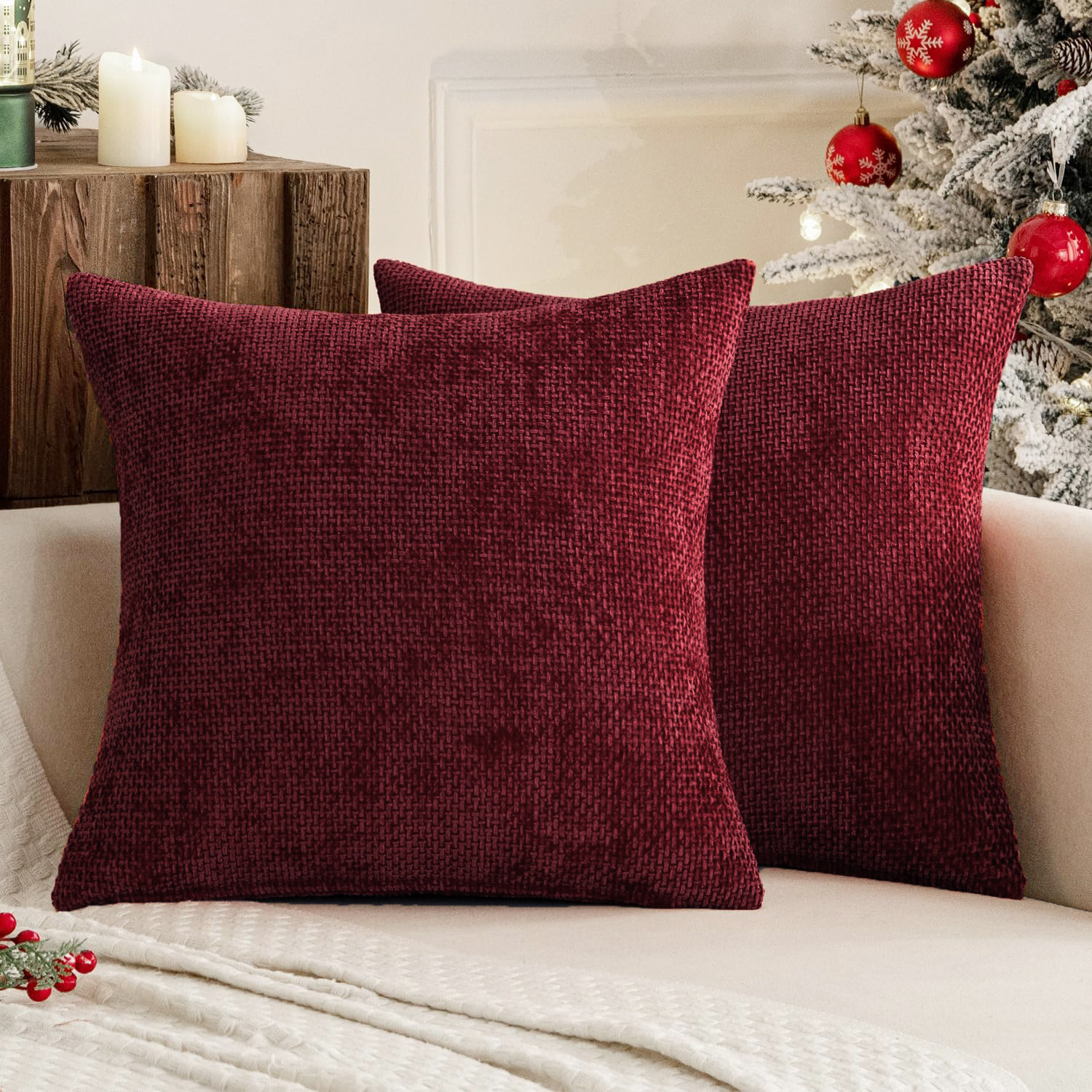 Dark Red Plush Chenille Cushion Covers Set of 2 – Soft Textured Decorative Throw Pillow Cases for Sofa Couch, 45x45cm
