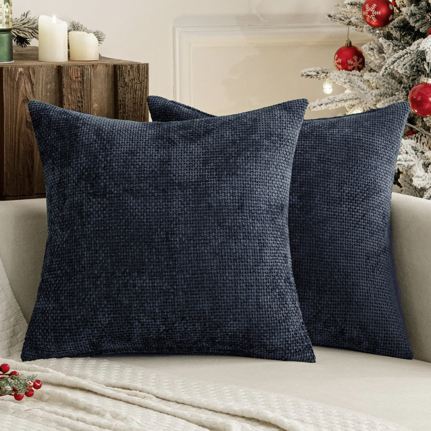 Dark Blue Plush Chenille Cushion Covers Set of 2 – Soft Textured Decorative Throw Pillow Cases for Sofa Couch, 45x45cm