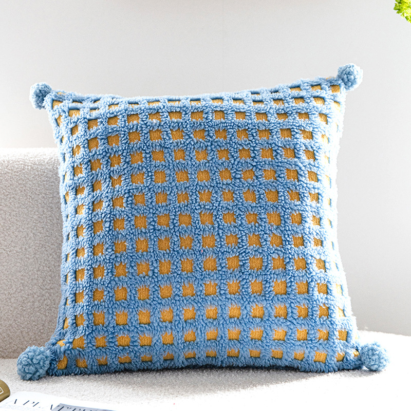 Blue and Yellow 3D Checkered Cushion Cover with Pom Poms – Soft Decorative Pillow Case for Sofa & Living Room (45x45cm, Cover Only)