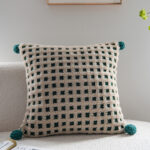 Beige and Green 3D Checkered Cushion Cover with Pom Poms - Soft Decorative Pillow Case for Sofa & Living Room (45x45cm, Cover Only)