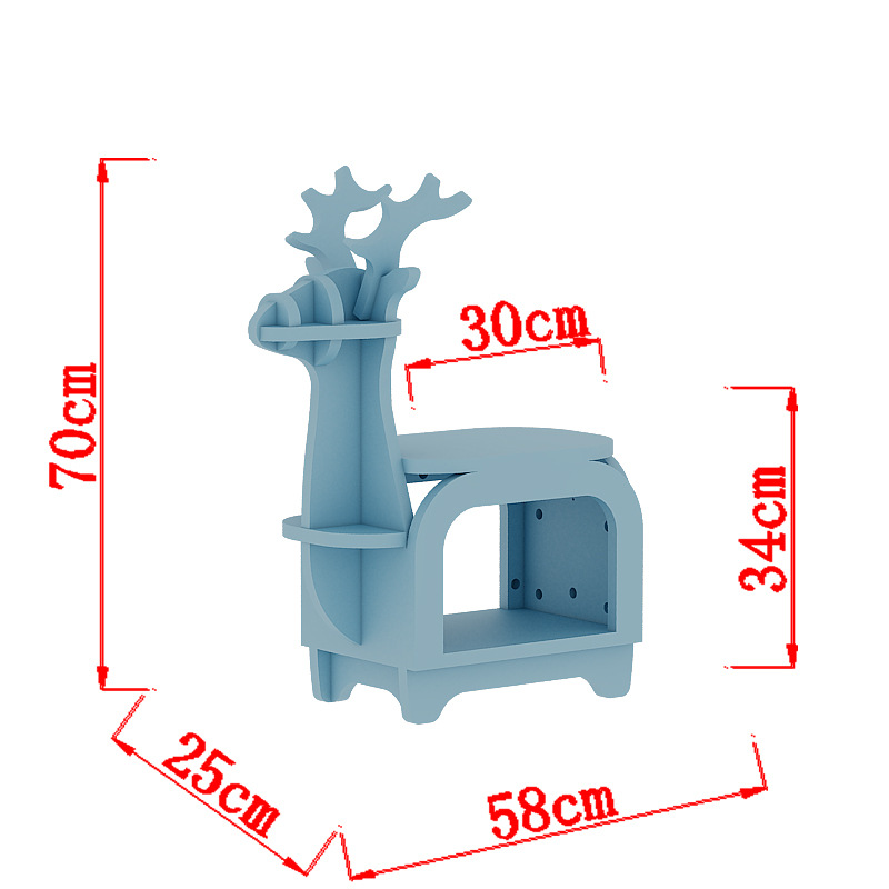 Blue Small Creative Reindeer-Shaped Solid Wood Bookshelf for Kids