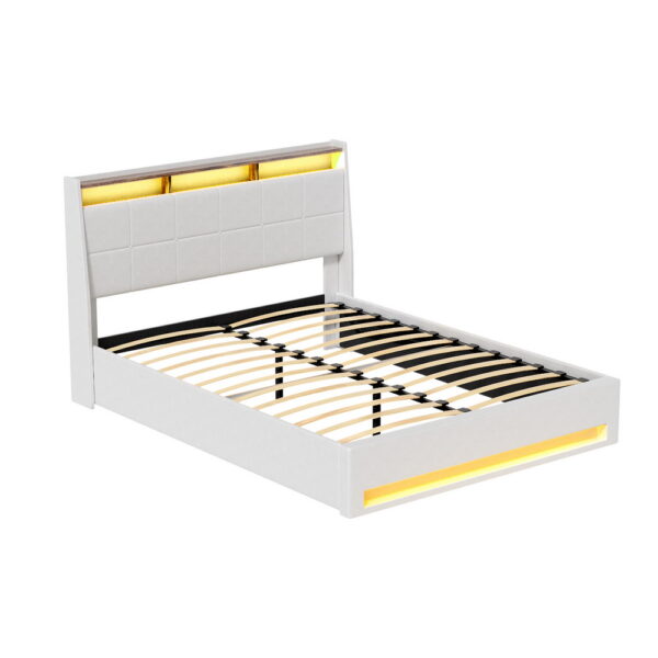Artiss Bed Frame Gas Lift LED Beds Base Platform White PVC Leather Storage Headboard – Double