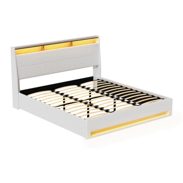 Artiss Bed Frame Gas Lift LED Beds Base Platform White PVC Leather Storage Headboard – King