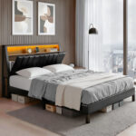 Artiss Queen Bed Frame LED Storage Headboard with Charging Station Black