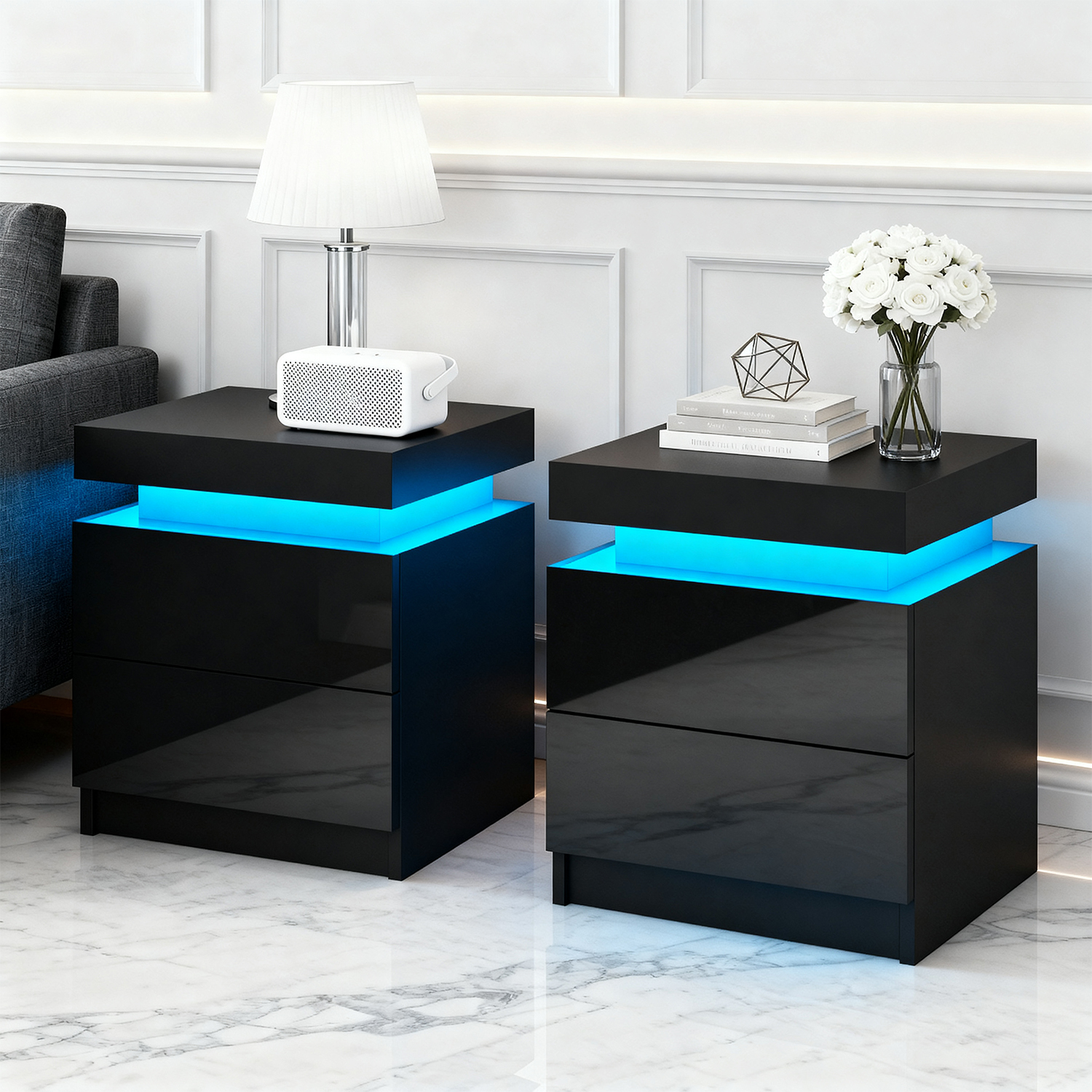 Artiss 2X Bedside Table LED 2 Drawers Lift-up Storage – COLEY Black