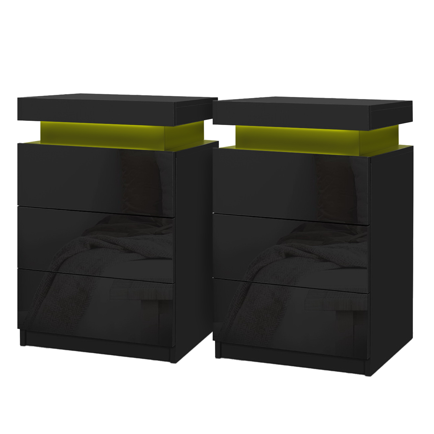 Artiss 2X Bedside Table LED 3 Drawers – COLEY Black