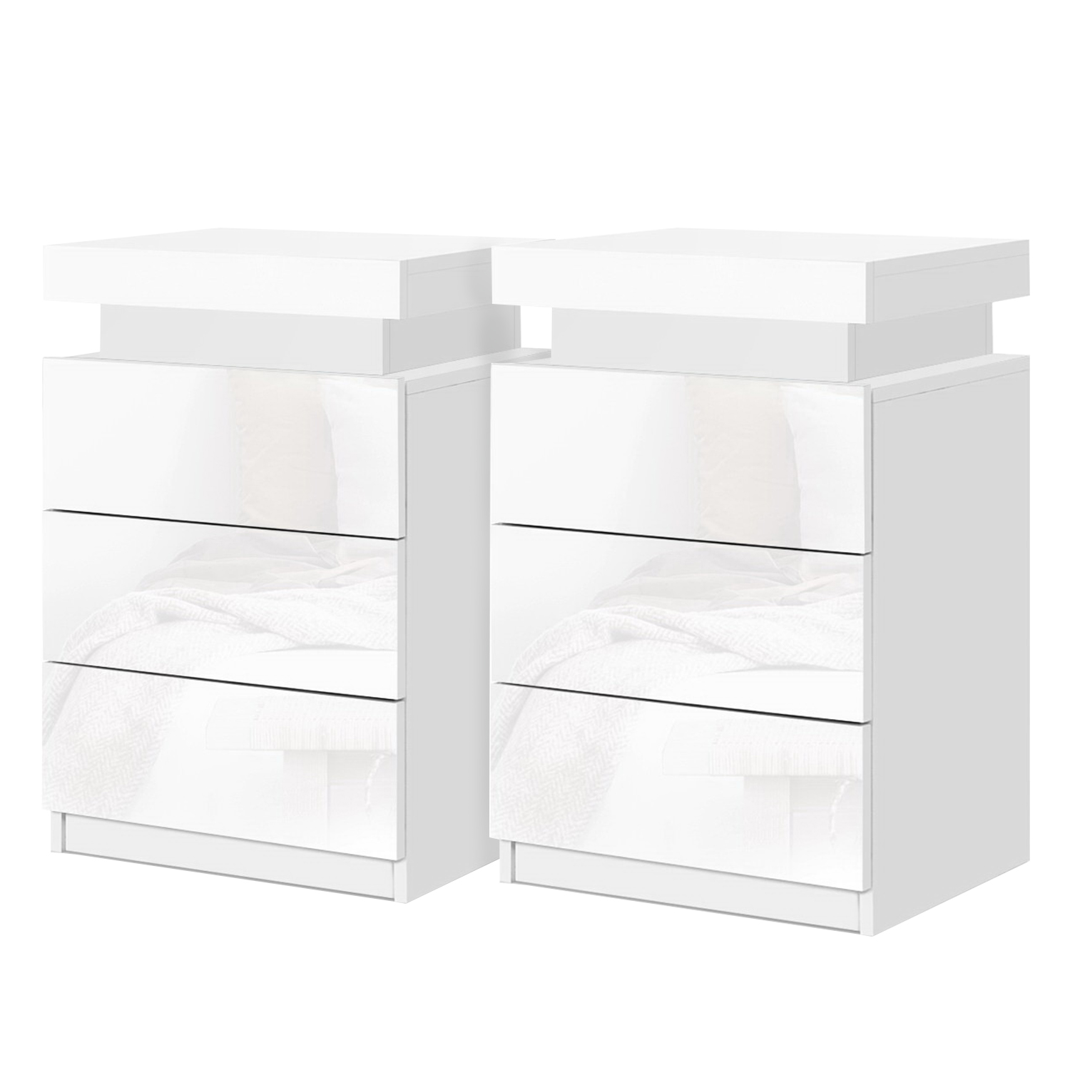 Artiss 2X Bedside Table LED 3 Drawers – COLEY White