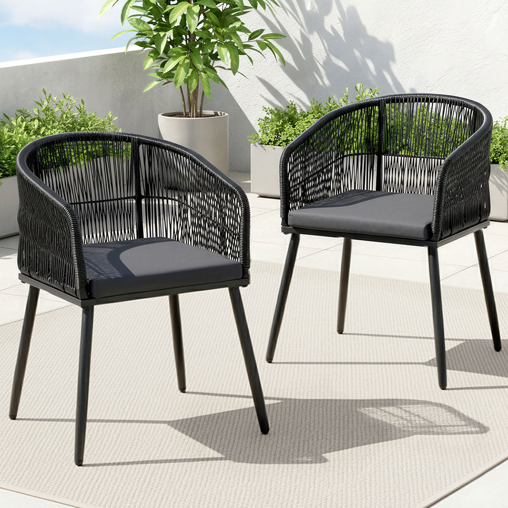 Gardeon 2PC Outdoor Dining Chairs Wicker Chair Patio Furniture Garden Steel Black 2 ODF ROPE WD BK 2X 202510171924 00