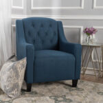 Canberra Linen Fabric Tufted Armchair in Dark Blue