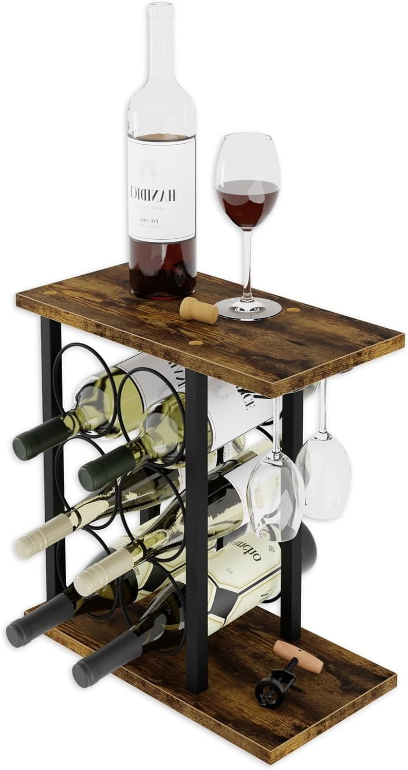 Wine Rack Countertop Wooden & Metal Holder for 6 Bottles & 2 Glasses 1 V178 36089 216270 00
