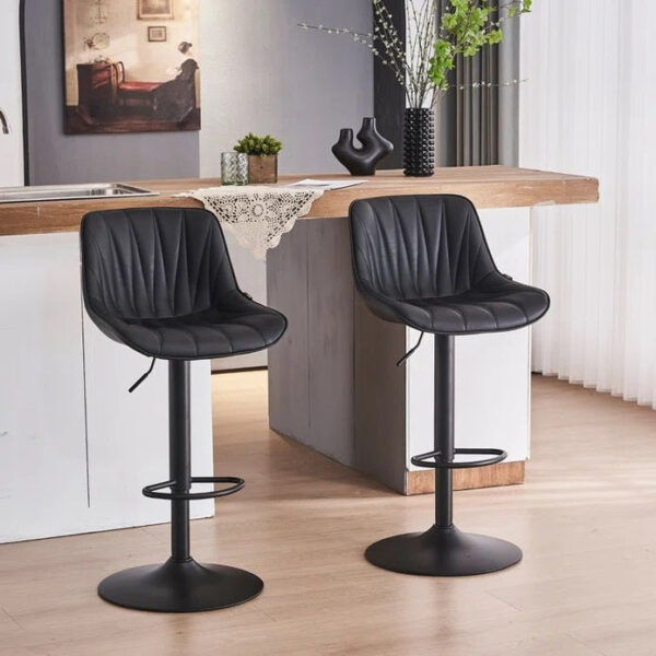 SERENITÃ Black Modern Height Adjustable Swivel Bar Stools Upholstered Leather Barstool Kitchen Island Chairs with Metal Frame (Set of 2)