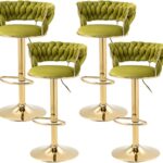 SERENITà 2x Height Adjustable Swivel Bar Stool Velvet Golden Base Barstools Chairs Padded Seat Olive Green