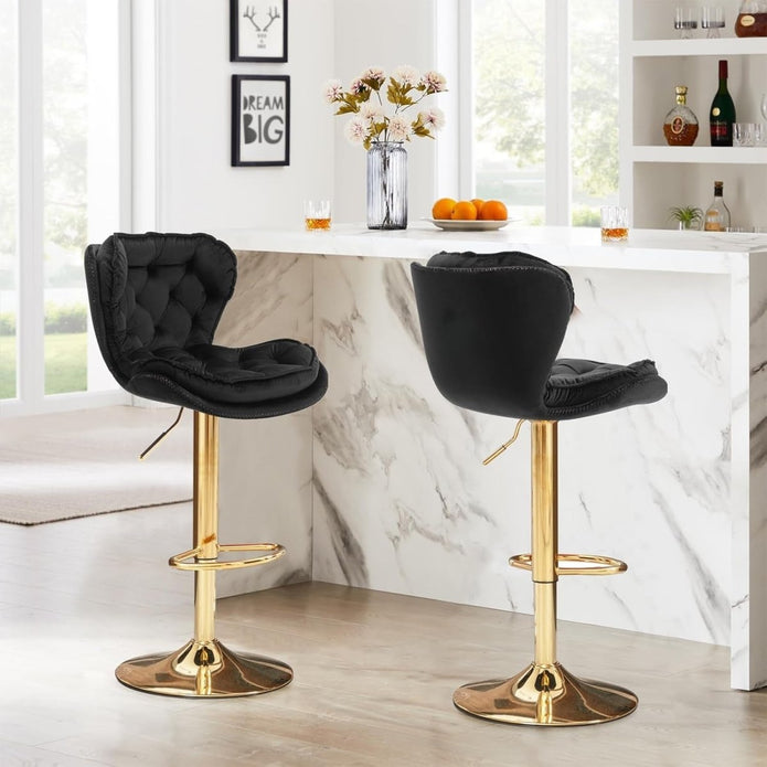 SERENITÃ Swivel Bar Stools Set of 2 Counter Height Barstools with Back Velvet Upholstered Adjustable Stool Chair Mid Century Modern Bar Stool for Kitchen Island (Black)