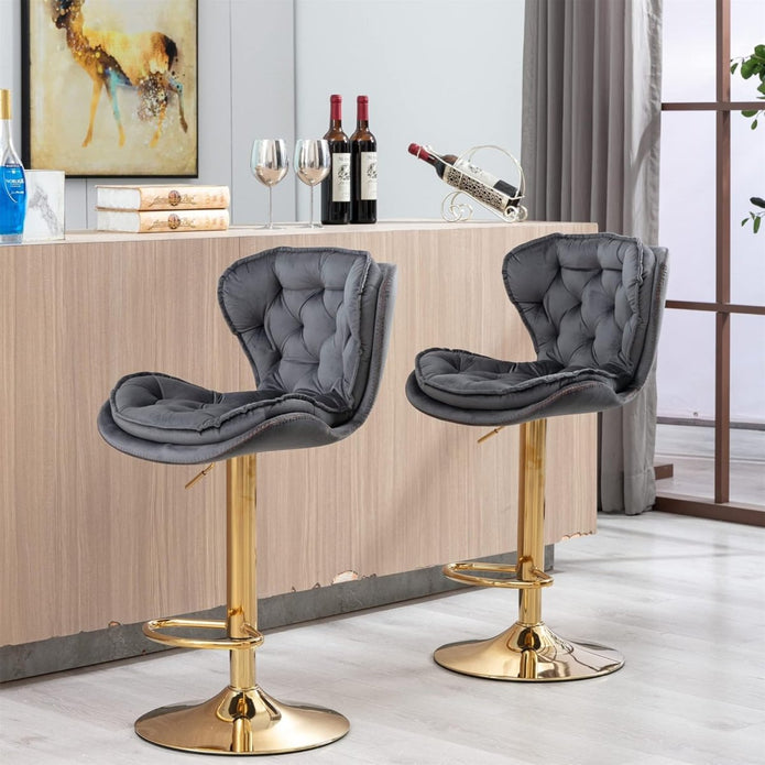 SERENITÃ Swivel Bar Stools Set of 2 Counter Height Barstools with Back Velvet Upholstered Adjustable Stool Chair Min Century Modern Bar Stool for Kitchen Island (Grey)