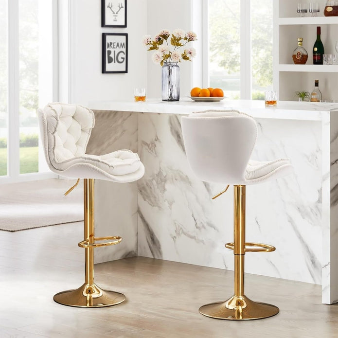 SERENITÃ Swivel Bar Stools Set of 2 Counter Height Barstools with Back Velvet Upholstered Adjustable Stool Chair Min Century Modern Bar Stool for Kitchen Island (Ivory)