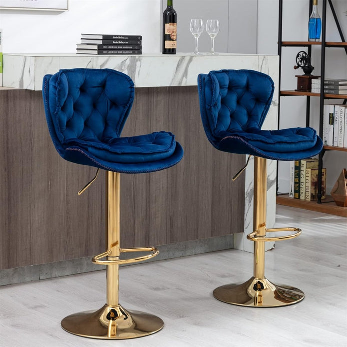 SERENITÃ Swivel Bar Stools Set of 2 Counter Height Barstools with Back Velvet Upholstered Adjustable Stool Chair Mid Century Modern Bar Stool for Kitchen Island (Navy Blue)