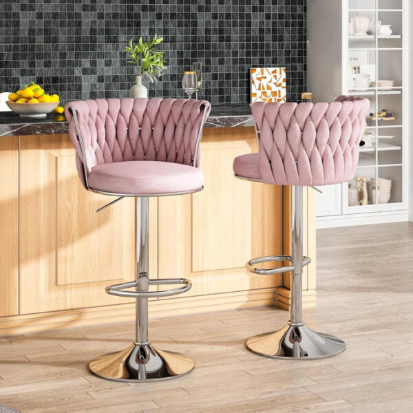 SERENITÃ Modern Silver Swivel Upholstered Velvet Adjustable Height Counter Stool with Metal Frame Pink (Set of 2)