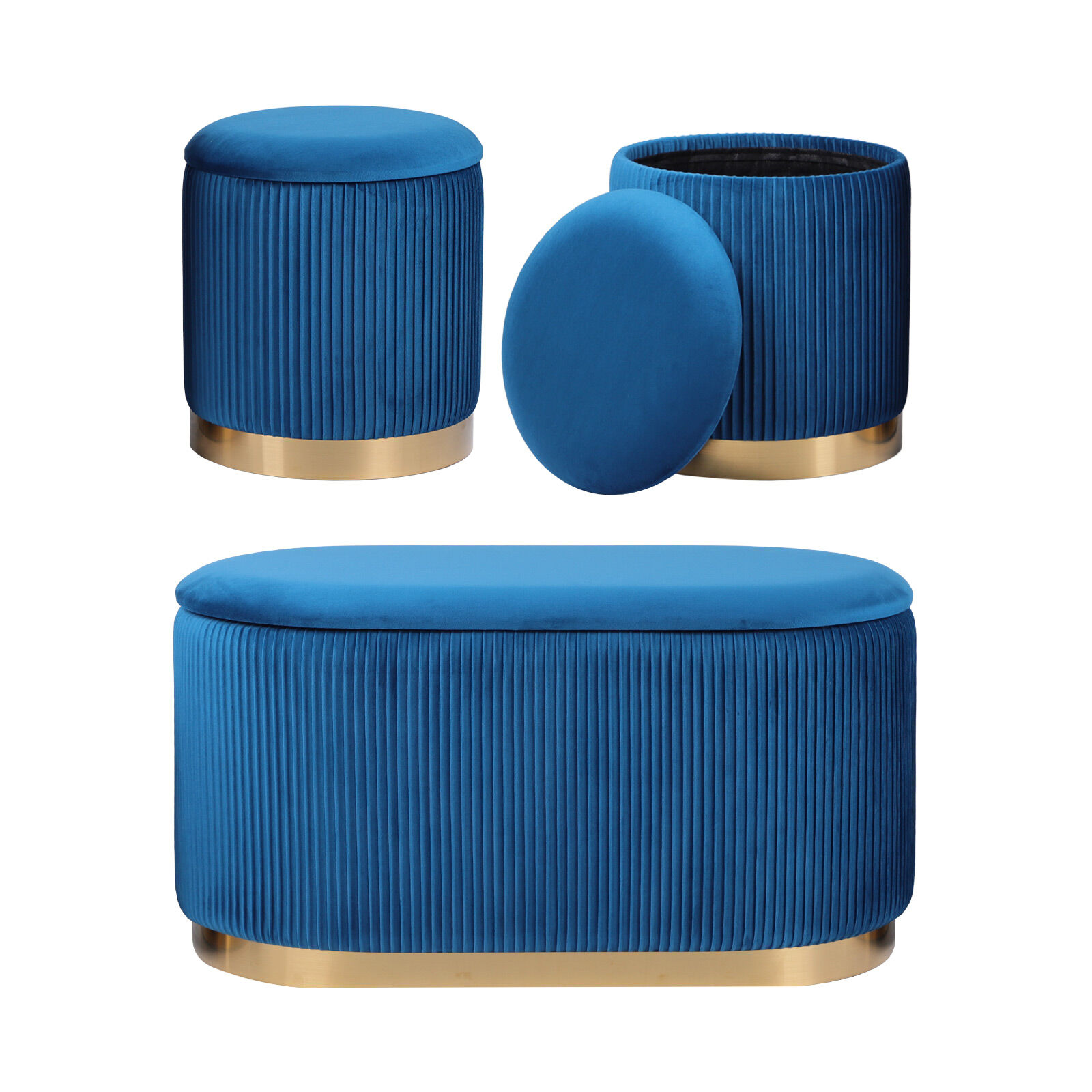 3 Piece Set Storage Ottoman – Blanket Box Velvet Padded Bench Stool FAYE BLUE