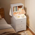 Minimalist Bedside Cabinet White Cosmetic Storage Dual Shelves Curved Design