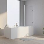 90cm Frameless Swing Bath Screen – White Hardware with Brass hinge for Modern Bathrooms