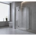 90cm Frameless Diamond Shower Screen – Channels with Brass Hinges in Gunmetal, Square Knob Handle