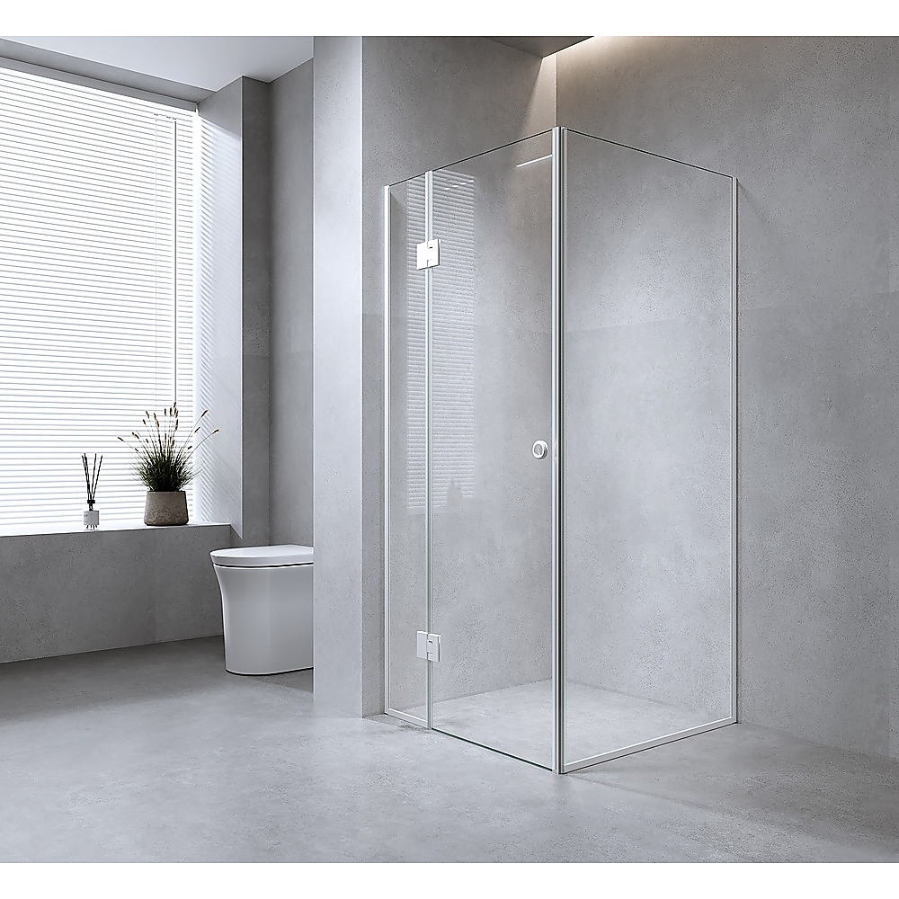 110x90cm Corner Frameless Shower Screen with Gold Channel and SS Hinges, Round Handle