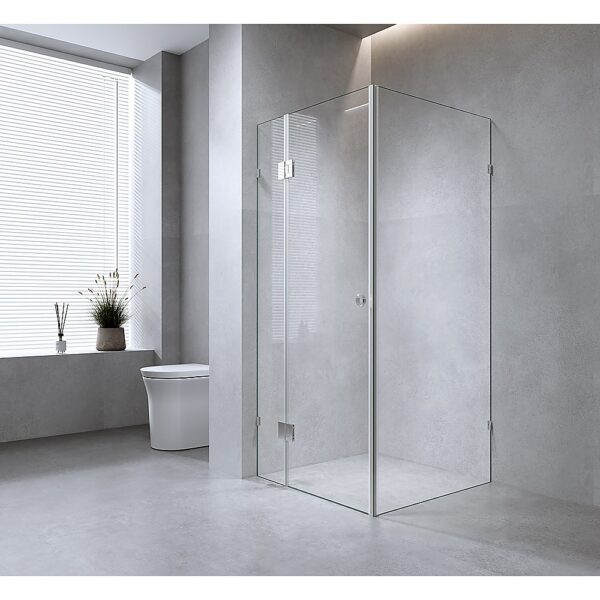 100x70cm Corner Frameless Shower Screen with Black Brackets and Brass Hinges – Wall F-Brackets
