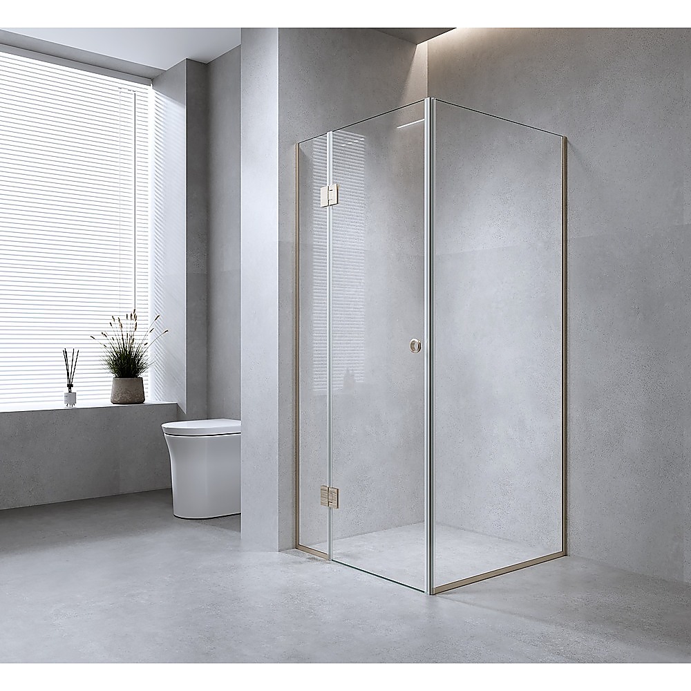 110x100cm Corner Frameless Shower Screen with Gold Channel and Brass Hinges, Round Handle