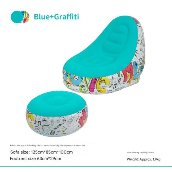 Blue Graffiti Portable Inflatable Sofa Chair with Ottoman – Waterproof Flocked Lazy Sofa for Camping and Home Use