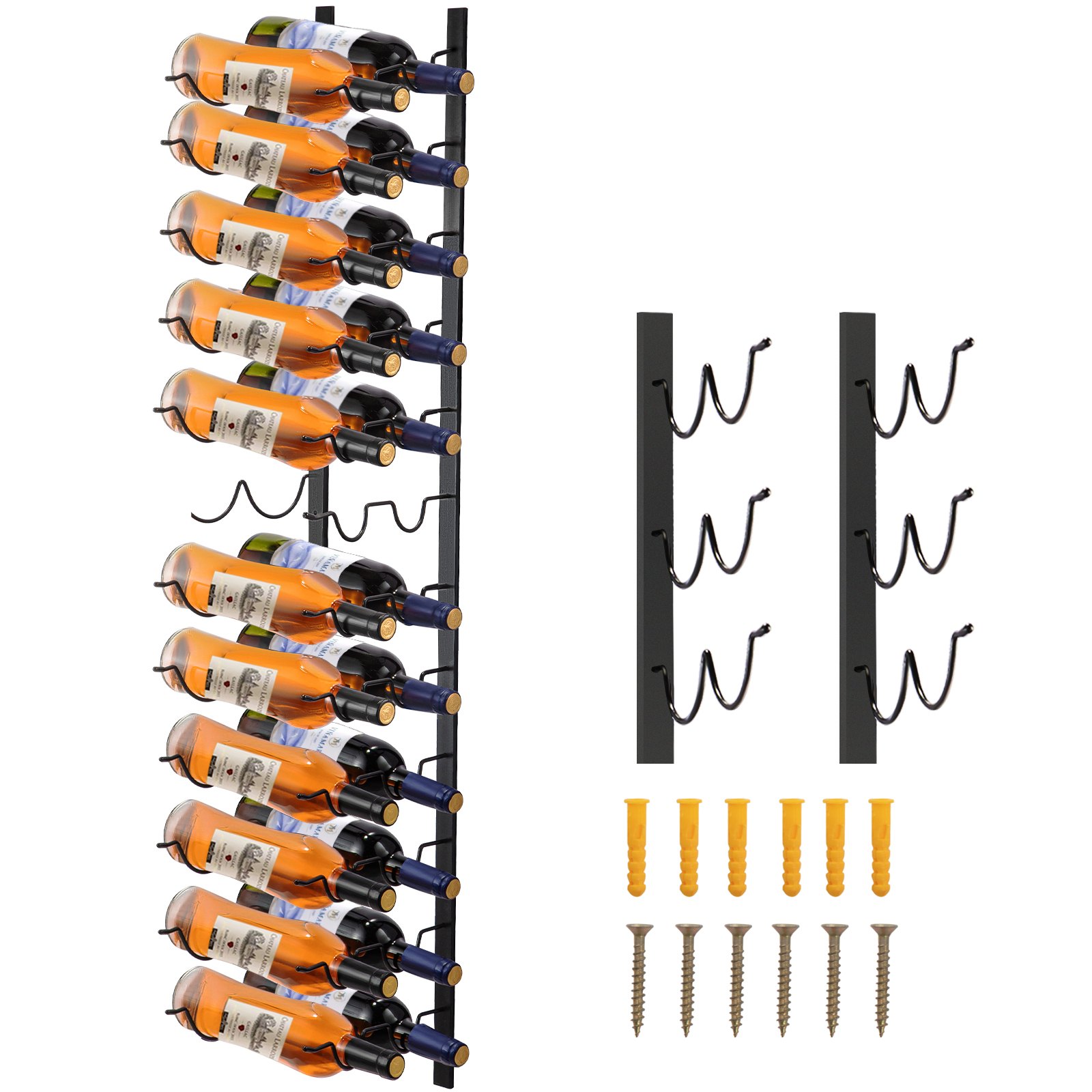 VEVOR Wall Mounted Wine Rack, 12×2 Bottles Wine Holder Towel Rack, Black Steel Vertical Wine Rack, Modern Decorative Wall Mounted Wine Bottle Holder, Forward Design Simple Storage Wall Rack 48x11x1 In